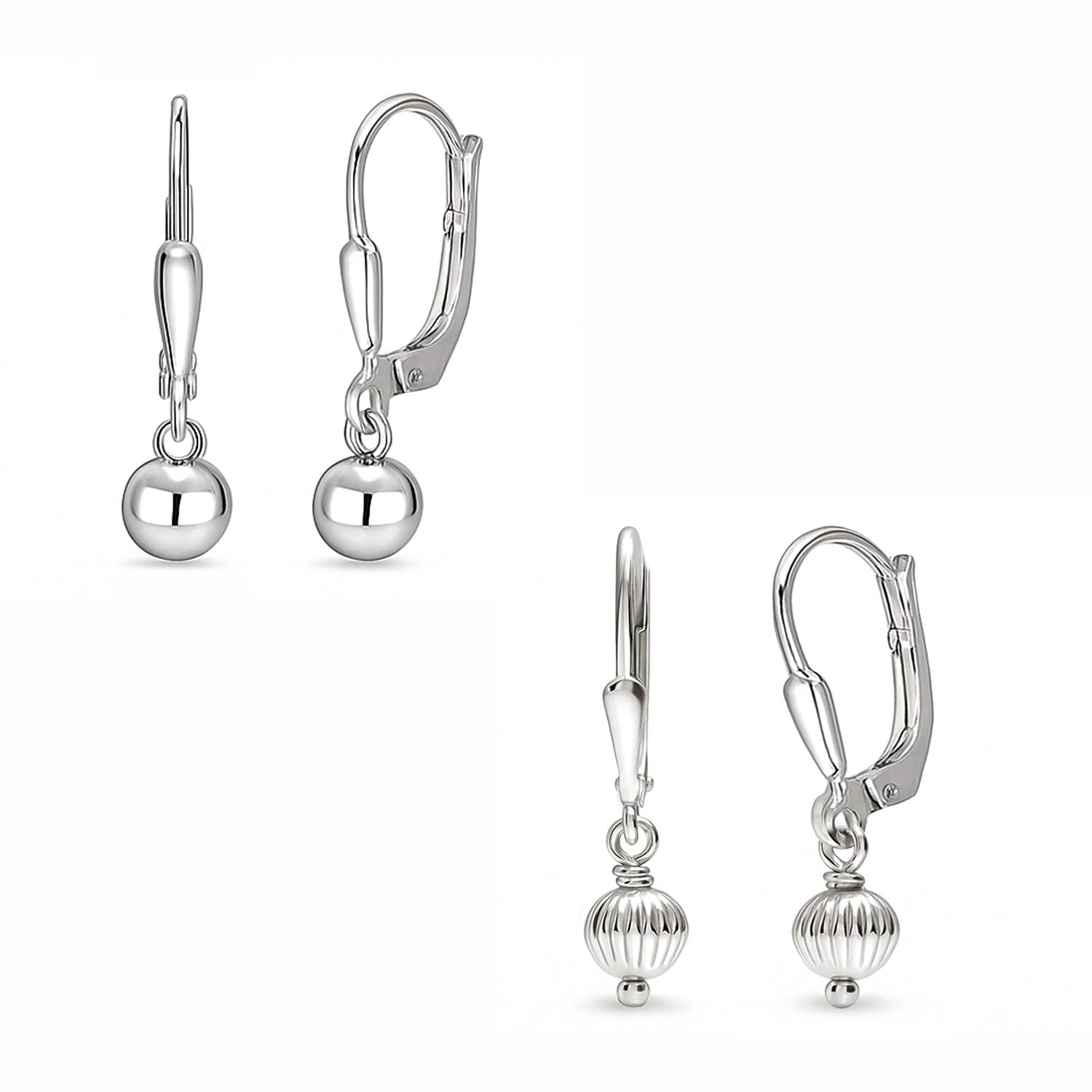 Charmsy 925 Sterling Silver Elegant Set of 2 Pairs 925 Sterling Silver Classic Ball with Lever-Back Diamond-Cut Drop Dangle Earrings For Women 5 MM