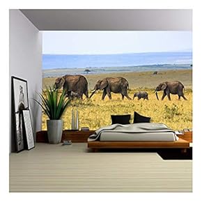 Elephant Family on The Vast Grassland - Removable Wall Mural | Self-Adhesive Large Wallpaper - 66x96 inches
