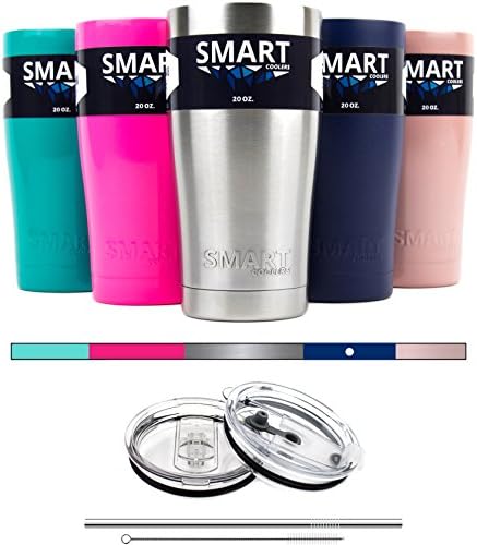 Smart Cooler 20 Oz. Sweat Free Ultra-Tough Double Wall Stainless Steel Tumbler Cup with Leak-proof Heavy Duty Tumbler Lids (Slide Lid & Flip Lid), Straw, & Cleaning Brush - Navy Blue