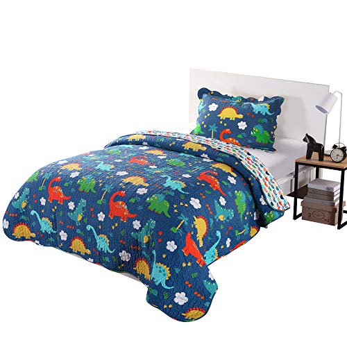 100% Cotton 2 Piece Kids Quilt Bedspread Comforter Set Throw Blanket for Teens Boys Girls Kids Beds Bedding Coverlet, Cartoon Dinosaur (Twin)