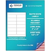 Premium Label Supply White Sticker Address Labels – 4" x 1.5" – Laser/Inkjet Compatible – (12 per Sheet), 25 Sheets – 300 Total Adhesive Labels
