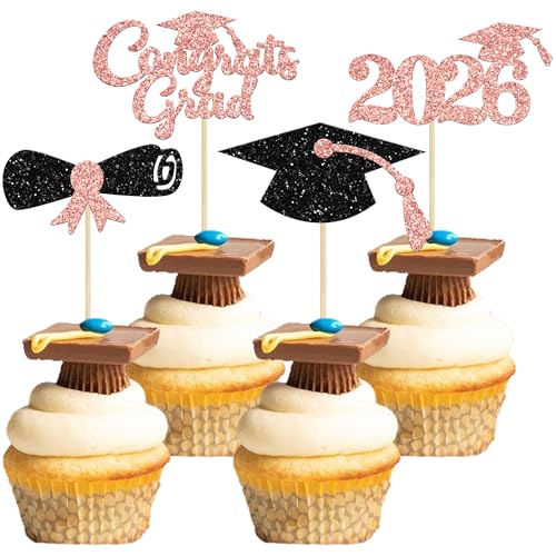 Gyufise 24Pcs 2026 Graduation Cupcake Toppers Glitter 2026 Graduation Cap Diploma Cupcake Picks Congrats Grad Decorations 2026 Theme Party Cake Decorations Supplies Rose Gold at Amazon