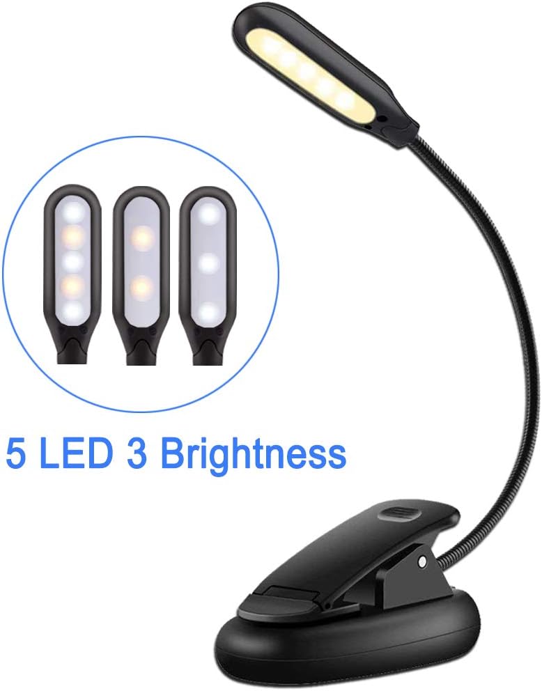Reading Light,EMIUP Battery Powered Book Lights 3 Modes(Warm White Light)LED Clip Reading Lamp with Eye Care Brightness for Reading Books,Bedtime Reading,Music Stand,Laptop,Kindle E-Reader(5LED&Black)