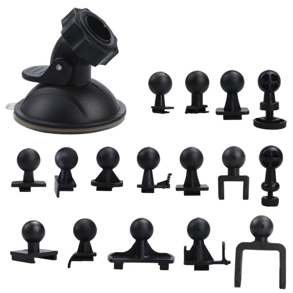 BiBiFly Car Suction Cup for Dash Cam Holder with 16 Different Types Swivel Ball Adapter Use for Driving DVR Camera Camcorder GPS Action Camera, Vehicle Video Recorder on Windshield & DashBoard