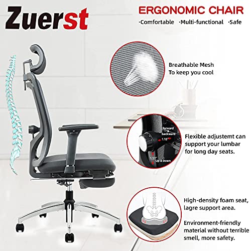 ZUERST Ergonomic Office Chair with Footrest Support Adjustable Mesh