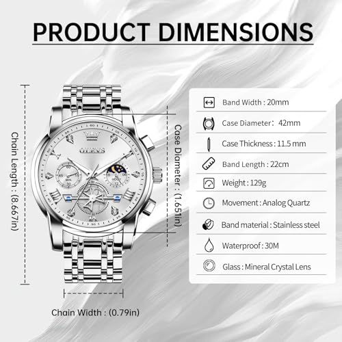OLEVS Men Silver Watches,Men's Stainless Steel Chronograph Watch,Man Analog Quartz Big Face Male Watches Luxury Waterproof Roman Numeral Dress Diamond Relojes para Hombre