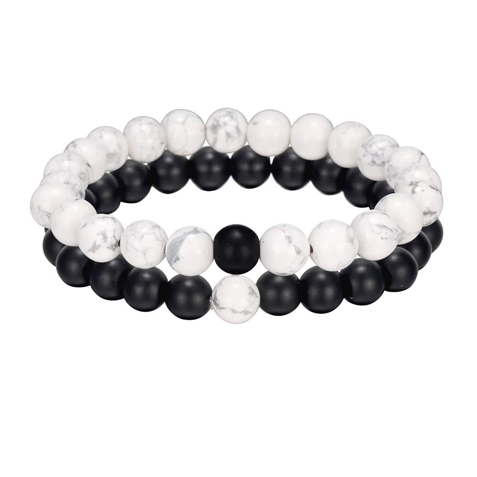 2PCS Bead Bracelets,Kucheed 8mm Natural Crystal Energy Stone Elastic Bangle,Yoga Black Matte Agate & White Howlite Bracelet,Couples Friendship Handmade Beads Bracelet Jewelry for Women Men