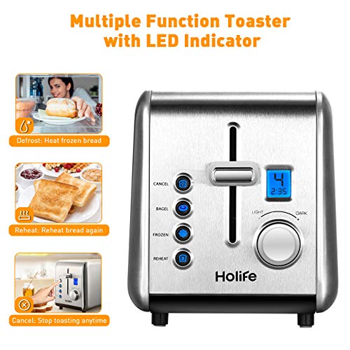 2 Slice Toaster, HoLife [ Upgraded LCD Digital Countdown Timer] Bagel Toaster Stainless Steel Toaster (6 Bread Shade Settings, Bagel/Defrost/Reheat/Cancel Function, High-lift, Extra Wide Slot, Silver) - Thumbnail 2