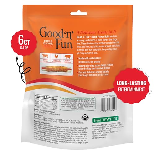 GOOD ‘N’ FUN TRIPLE FLAVOR ROLLS FOR LARGE DOGS, TREAT YOUR DOG TO LONG-LASTING CHEWS MADE WITH BEEF HIDE, CHICKEN AND ARTIFICIAL PORK FLAVOR, 6 COUNT