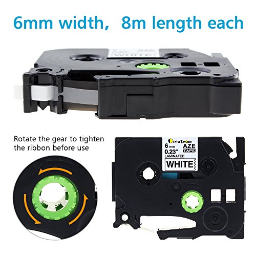 TZe Tape 6mm, Compatible brother label maker tape TZe-111 TZe-211 TZe-411 TZe-511 TZe-611 TZe-711, Brother P-touch PT-D200 PT-D210 PT-H100 PT-H110, 6 Pack(Black on Clear White Red Blue Yellow Green)