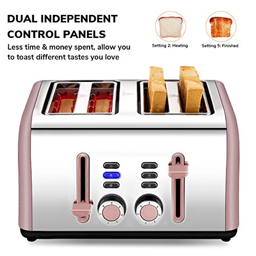 4 Slice Toaster, CUSIBOX Stainless Steel Toaster Four Wide Slots with 7 Bread Browning Settings, REHEAT/DEFROST/CANCEL Function, 1400W, Pink Gold