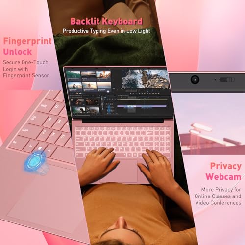 Auusda 15.6" FHD Laptop, R3 3250C up to 3.5GHz, Win 11 Compatible, WiFi 6, Backlit Keyboard + Fingerprint, Dual Full-Featured Type-C, 6000mAh, Portable Laptop for Work, 8GB RAM 256GB SSD Pink