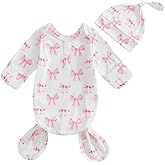 Newborn Infant Baby Girls Knotted Gown with Hat Coquette Bow Aesthetic Blanket Sleeping Bag Swaddle Set