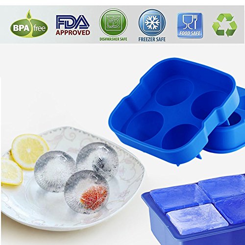 Large Silicone Molds for Bath Bomb Rubber Ice Trays BPA Free, Whisky Sphere Ice Ball Maker with Lid Bar Accessories with Silicon Funnel for Dog Treats Soap Making, Kitchen Gadgets Set of 3