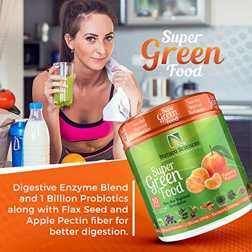 100% Natural Greens Powder, Over 10 Hard to Get Superfoods, Greens Supplement Powder 1 Month's Supply, Green Organic Blend with 1 Billion CFU Probiotics and 500mg Turmeric, Tangerine Flavor, 30 Svgs.