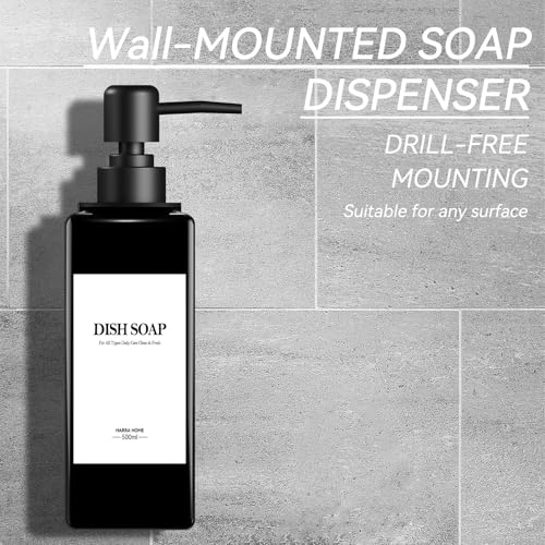 4 Pieces Wall Mounted Shower Soap Dispenser, Soap Dispenser Without Drilling 500 ml Black Shower Dispenser Shampoo and Body Wash with Funnel and Three-Dimensional Waterproof Labels for Bathroom, Kitchen