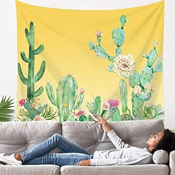 LANG XUAN Yellow Cactus Tapestry Flower Wall Tapestry Plant Art Wall Tapestry Cute Decor Wall Hanging for Room (Yellow Cactus, 130X150CM S:51X59inch)