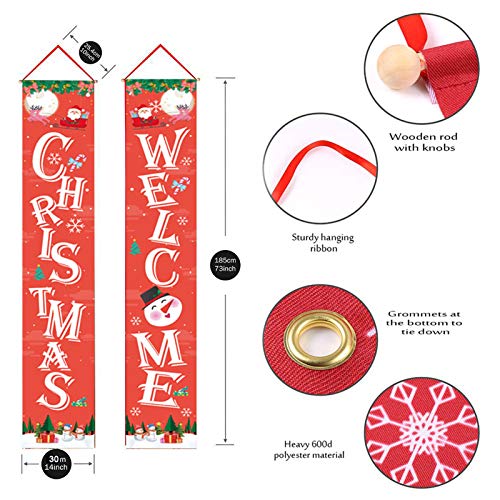 Directtyteam Christmas Porch Sign, Welcome and Christmas - Xmas Hanging Christmas Banners for Holiday Home Indoor Outdoor Porch Wall Door Curtain Decoration