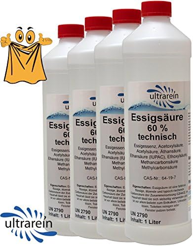 4 x 1 litre acetic acid 60%. *Pure as vinegar essence, for cleaning, any type of decalcification and weed killing.