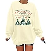 MYHALF Womens White Christmas Sweatshirt Crewneck Christmas Tree Graphic Shirts Oversized Xmas Pullover Sweater