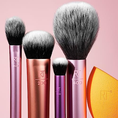 REAL TECHNIQUES 5 PIECE EVERYDAY ESSENTIALS MAKEUP BRUSH SET, INCLUDES 4 BRUSHES & MAKEUP SPONGE, FOR FOUNDATION, BLUSH, BRONZER, CONTOUR, EYESHADOW, & POWDER, TRAVEL GIFT SET, CRUELTY-FREE & VEGAN