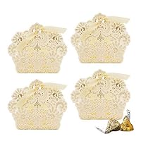 HIPOLOTUS 100 Pack Laser Cut Favor Boxes,Wedding Candy Box Gift Boxes with Ribbons for Bridal Shower Wedding Party, Lace Candy Boxes-