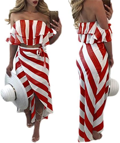 Weing Summer Women 2 Piece Set Fashion Stripe Print Sexy T-Shirt + Irregular Skirt Casual Red S