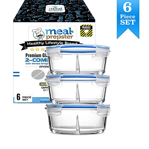Glass Meal Prep 2 Compartment Round Containers with Vented Lids Gift Set (3 Pack) Dishwasher Freezer Microwave Oven Safe - BPA Free Food Storage Solution!