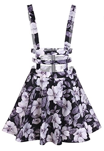 Bluetime Women's Cut Out Pleated Suspender Braces Skirt Floral Print Short Skirt (M, Black)