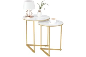 Marble Round Nesting Table White: Set of 2 Circle Nesting Accent Sofa End Table Sintered Stone Table Top with Golden Metal Le