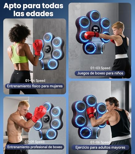 Maquina de Boxeo Musical, 9 velocidades Ajustables 11 Modos de Boxeo, Gancho Izquierdo y Derecho, con Bluetooth, con Guantes de Boxeo montados en la Pared, Apto para Adultos y Niños