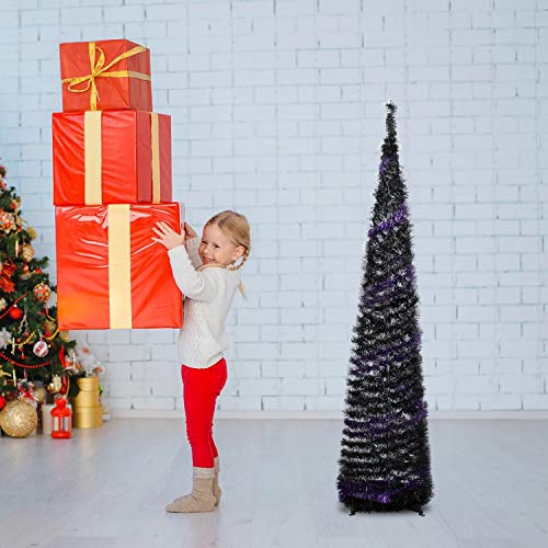 MACTING 5ft Pop up Christmas Tinsel Tree with Stand Easy-Assembly Tinsel Coastal Glittery Halloween Christmas Tree for Holiday Xmas Decorations (Purple-Black)