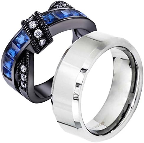 His Hers Black Stainless Steel Blue Created-Sapphire &amp; Beveled Edge Band Wedding Engagement Ring Sets TKJ
