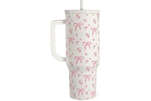 Bow Tumbler with Handle 40oz, Stainless Steel Insulated Tumblers Coffee Travel Cup with Slider Straw Lid, Gifts for Women Tee