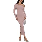 Yousify Womens One Shoulder Long Sleeve Party Dresses Back Slit Bodycon Cocktail Party Dress