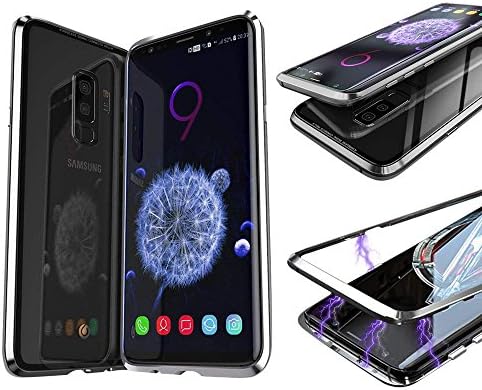 Magnetic Adsorption Case For Samsung Galaxy S9+ Plus - Tempered Glass Back [Metal Frames] Slim Fit Ultra-Thin Case Lightweight, Luxury Magnet Case Galaxy S9 Plus Case (Silver Frame + Clear Back)