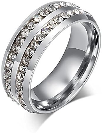 Mens Womens 8MM Titanium Stainless Steel High Polished 18K Gold Plated Channel Set Cubic Zirconia CZ Promise Engagement Band Unisex Gold Wedding Ring Comfort Fit, Size 6-13 (9, Silver)