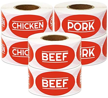 6 Rolls - Beef Chicken Pork Food Label Bundle for Meat Markets, Supermarkets, Food Labeling or Butchers 1.75" x 2" Red - 1800 Labels