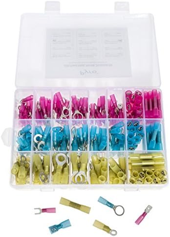 Heat Shrink Wire Connector Kit 250 pieces. Terminals are Fully-Insulated, Waterproof, have an assortment of Rings, Forks, Male and Female Quick Disconnects and Heat Shrink Butt Connectors