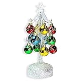 BANBERRY DESIGNS Glass Christmas Tree with LED Lights - White Iridescent Glitter with 12 Mini Ball Ornaments - 8 1/2