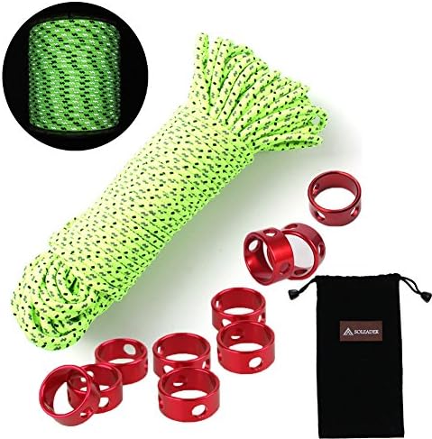 SOLEADER Camping Tent Accessories Kit 4MM Reflective Guyliner 65Ft/20M Tent Guyline Cord Adjuster Tensioners 10 PC