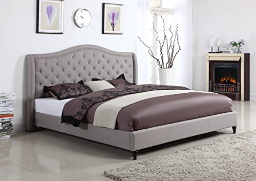 Home Life Cloth Light Grey Silver Linen Curved Hand Diamond Tufted and Nailed Headboard 53" Tall Headboard Platform Bed with Slats King - Complete Bed 5 Year Warranty Included 013