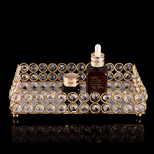 Feyarl Crystal Beads Cosmetic Tray Rectangle Jewelry Organizer Tray Mirrored Decorative Tray (Gold)