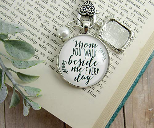 Wedding Bouquet Photo Charm Mom You Walk Beside Me Every Day White Bridal Pendant Mother Remembrance Memorial Photo Jewelry - Thumbnail 6