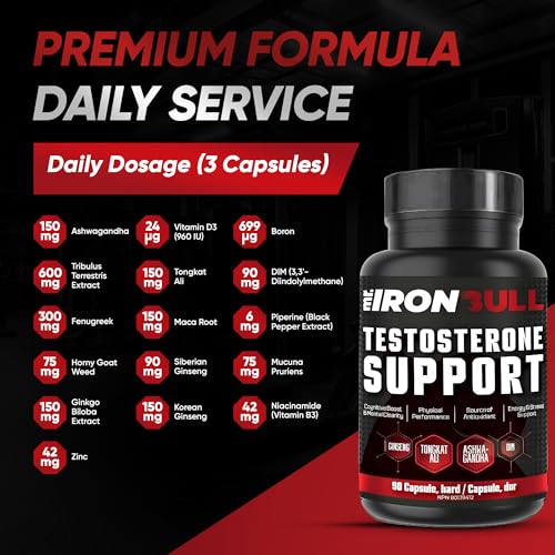 16-in-1 Testosterone Support & Advanced Men's Energy & Vitality Complex Formula | Made in Canada | High-Potency Herbal with Ashwagandha, Tongkat Ali, Maca, Tribulus, Ginseng, DIM, Horny Goat Weed, Boron, Vitamins & Minarels |Libido ,Muscle Building, Endurance, Male Vitality, Workout Recovery & Energy Support | Improved Mood & Male Reproductive Health | 90 Capsules