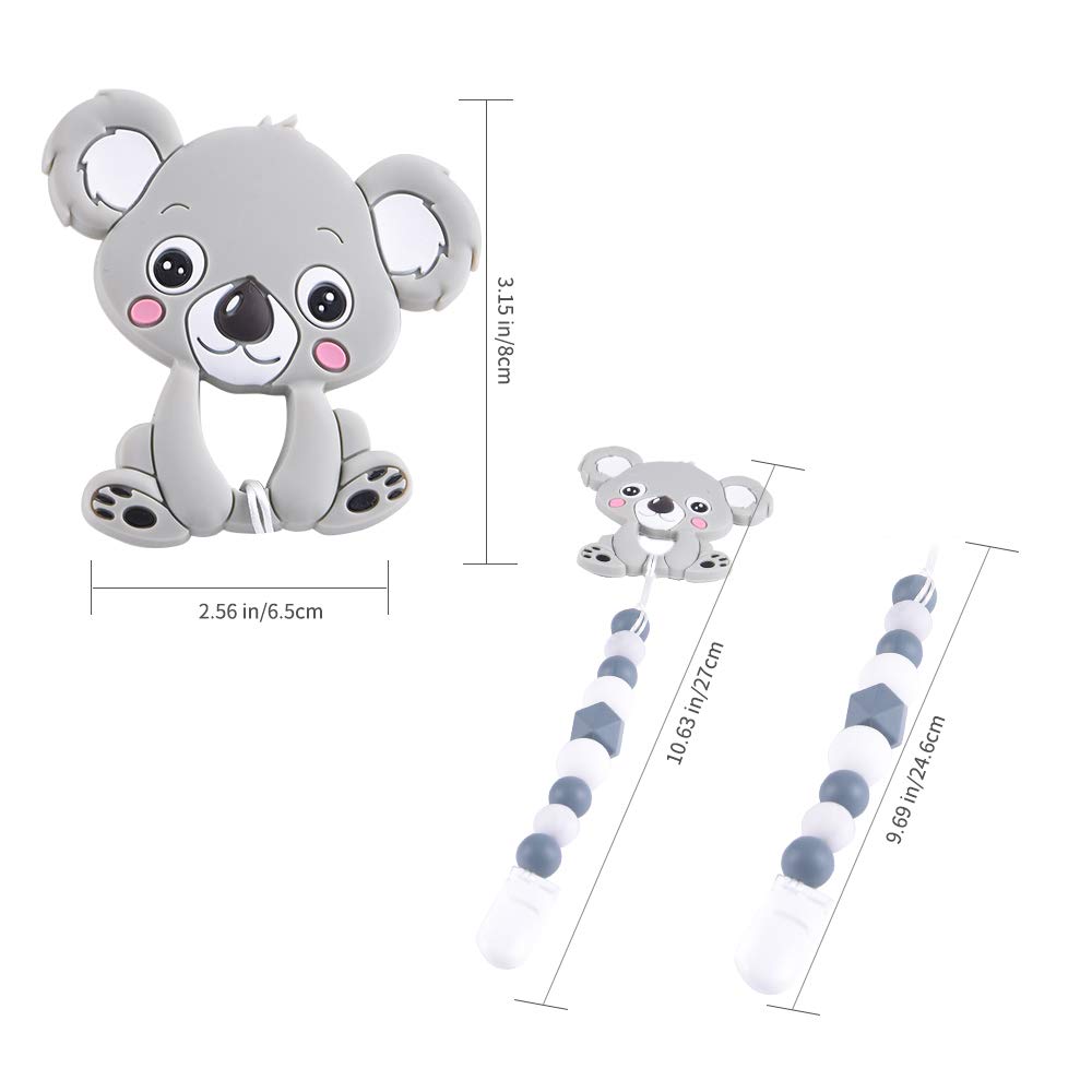 Dummy Clips Baby Pacifier Clips Unisex Baby Soother Chains Dummy Chain Silicone for Girls Personalised Teething Silicone Beads with Cute Animals Teether Toys for Boys (Gray)