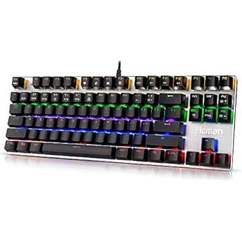 Gaming Mechanical Keyboard Led Backlit - Hcman USB Wired Computer Gaming Keyboard Blue Switches with Cool 6 Colors Light for PC or Mac,87 Keys (Silver)