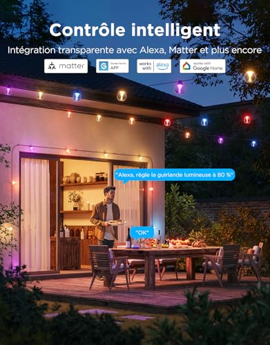 Govee Outdoor String Lights, 15m RGBWIC Dimmable 16 Million Colors and 111 Scene Modes, 80lm per LED, 25000h Lifespan, Compatible with Alexa, Google Assistant, Matter