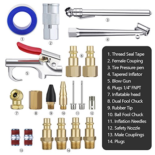20Pcs Air Compressor Accessory Kit, Drillpro Pueumatic Air Fittings Tools, 1/4'' NPT Plugs, Blow Gun, Tire Pressure Pen with Inflatable Rod Kit for Blow Dust, Test Tire and Inflating for Car/Bike/Ball - Thumbnail 4