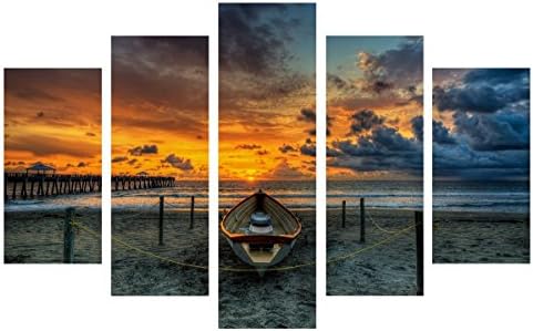 Damenight Stretched Canvas Prints 5 Piece Boat Sunset Bridge Canvas Painting Framed HD Seaview Boat Wall Landscape Picture Decoration